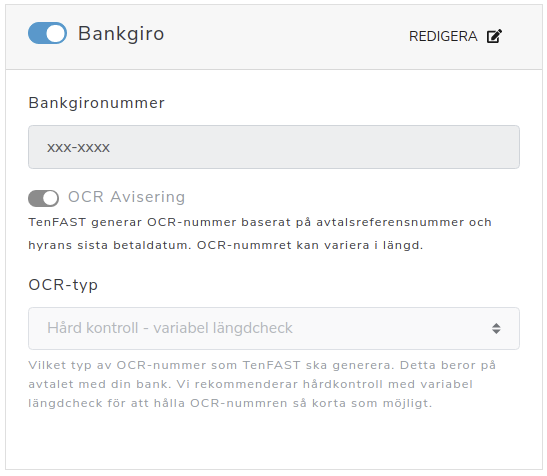 Visar inställningar i TenFAST för OCR-avisering med Bankgirot
